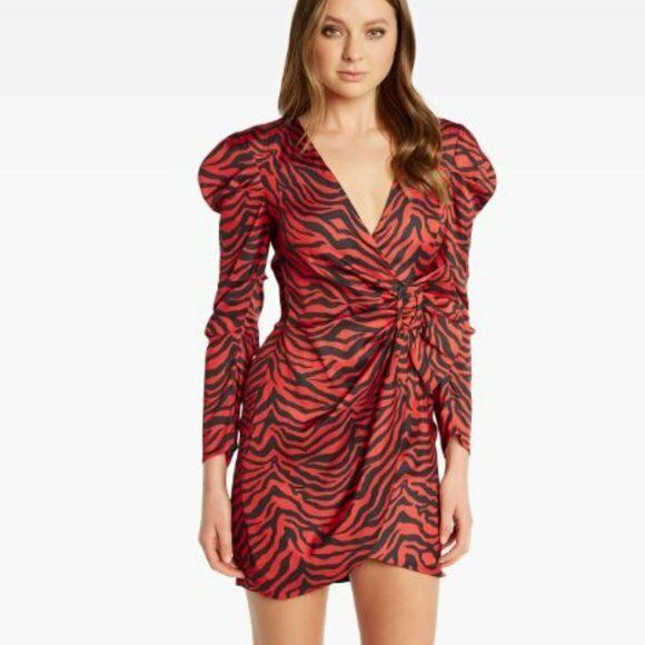 REVOLVE BARDOT Long Sleeve RED BLACK Zebra Print MINI DRESS Large 8-10 - Picture 2 of 5